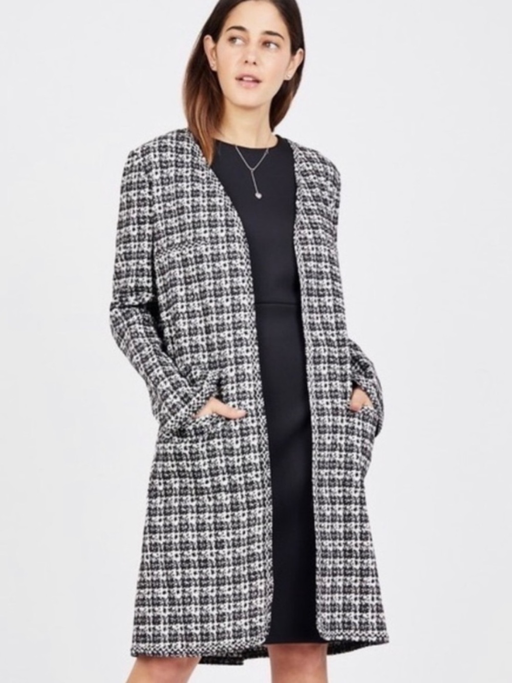 Max Studio Black and White Tweed Open-Front Coatigan